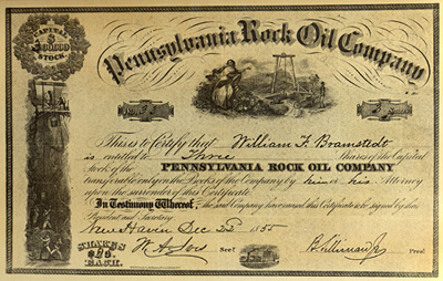 1854 stock certificate of Pennsylvania Rock Oil Company, first American oil exploration company.