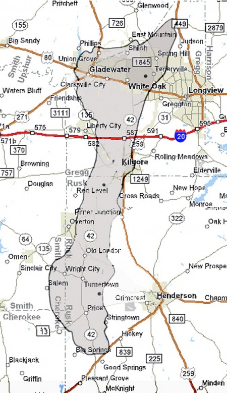 Map of 30,000-acre East Texas oilfield.