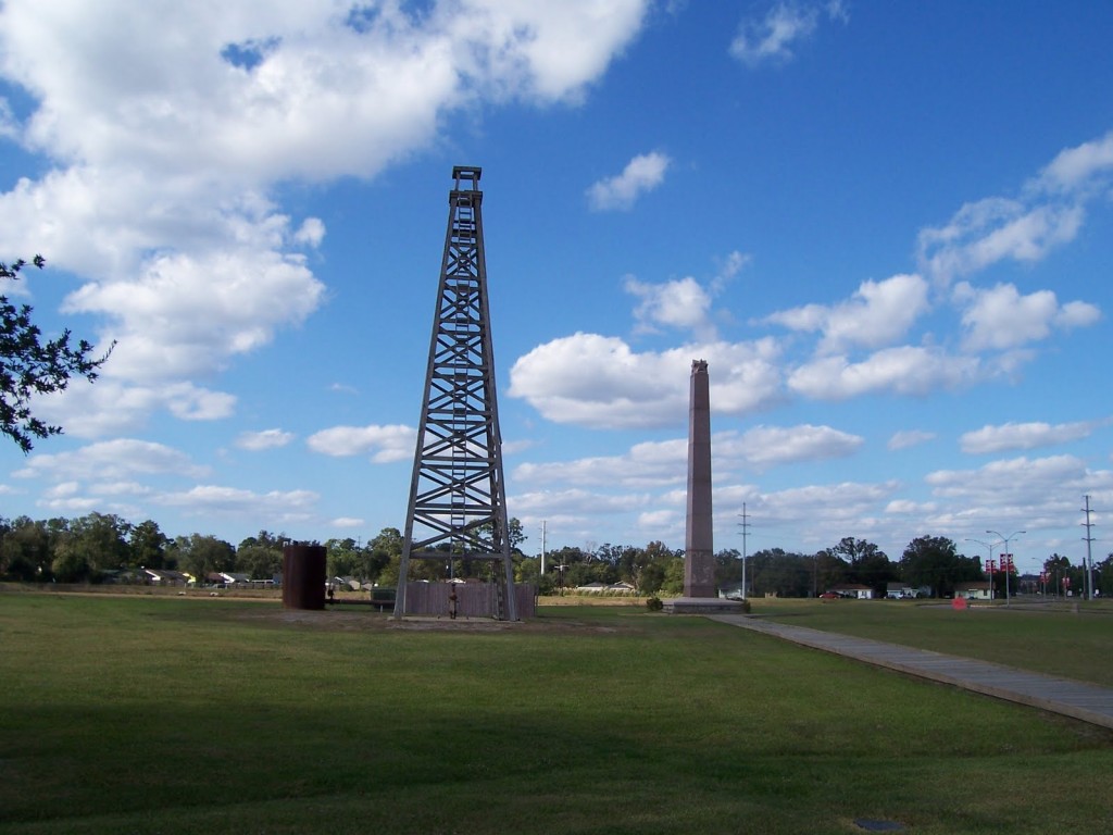 January-10-Spindletop-museum Spindletop Boom Town Museum outdoor exhibits and granite marker.