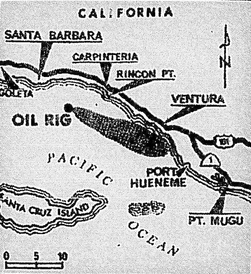 January-29-Santa-Barbara-Tribune-News-AOGHS Santa Barbara 1969 oil spill map illustrating spill direction.