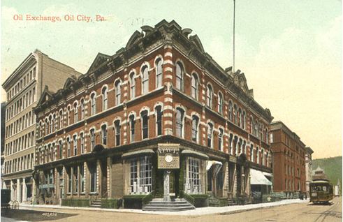 Oil-City-Exchange-AOGHS Oil Exchanges circa 1880 post card of Oil City, PA, oil exchange building