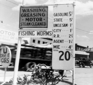 February-25-gas-tax-AOGHS Gas station selling gas for 20 cents a gallon in 1930s.