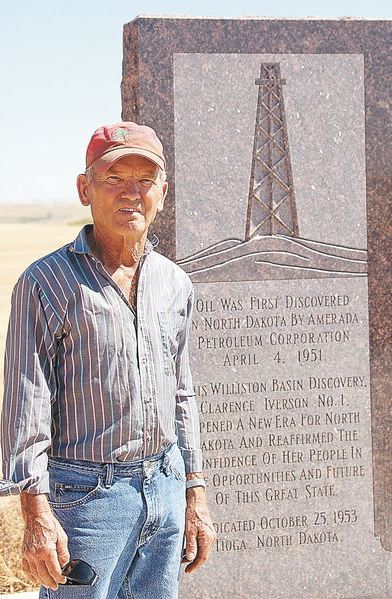 April-4-Williston-monument-AOGHS First North Dakota oil well where Cliff Iverson stands by his well's monument
