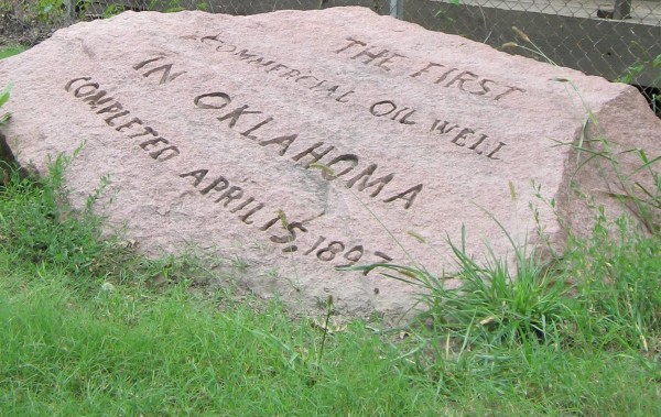 Nellie-Johnstone-marler-AOGHS A pink granite rock marks the spot of first Oklahoma oil well.