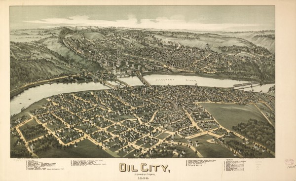 Oil-City-Fowler-AOGHS Thaddeus Fowler panorama of Oil City, Pennsylvania, in 1896.