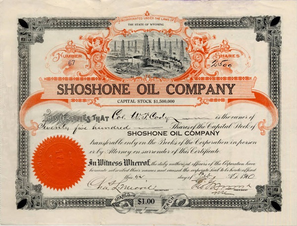 buffalo bill W. F. Cody by Shoshone Oil Company oil stock certificate