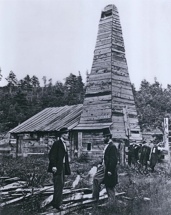 Edwin Drake, right, stands with friend Peter Wilson of Titusville, Pennsylvania, in 1861.