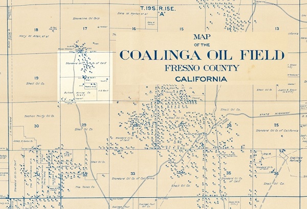 California Oil and Gas Company secured leases in Fresno County's Sections 19 and 20, Township 19 South, Range 15 East, north of Coalinga's main drilling area shown on this 1936 map of well sites.
