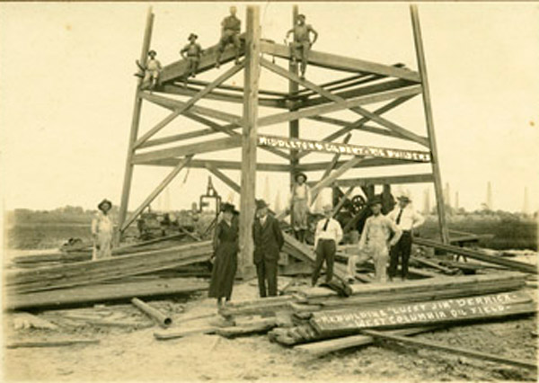 Wind knocked down the first derrick of a Lucky Jim Oil Company.