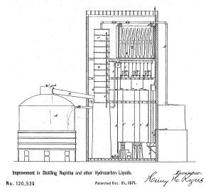 Henry Rogers patent drawing for refinery process to produce kerosene.