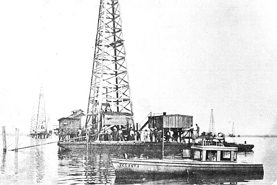 Oil derrick at Caddo Lake, Louisiana circa 1911.