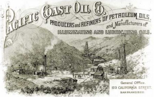 Circa 1870s Pacific Coast Oil Company logo with derricks.