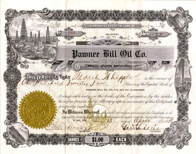 Pawnee Bill Oil Company stock certificate