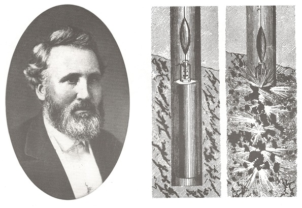 history of hydraulic fracking E.A.L. Roberts portrait and frac drawing.
