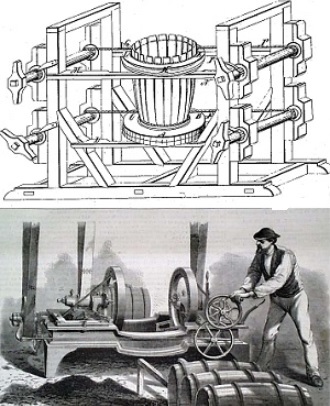 Ilustration of 42-gallon oil barrel machine for making barrels.