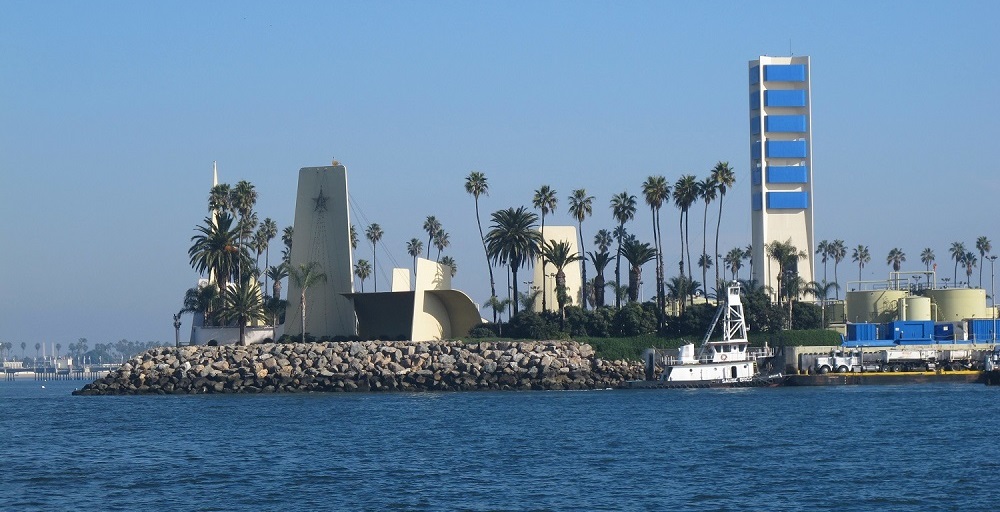 one of the California THUMS islands hidden oil derricks in landscaped setting.
